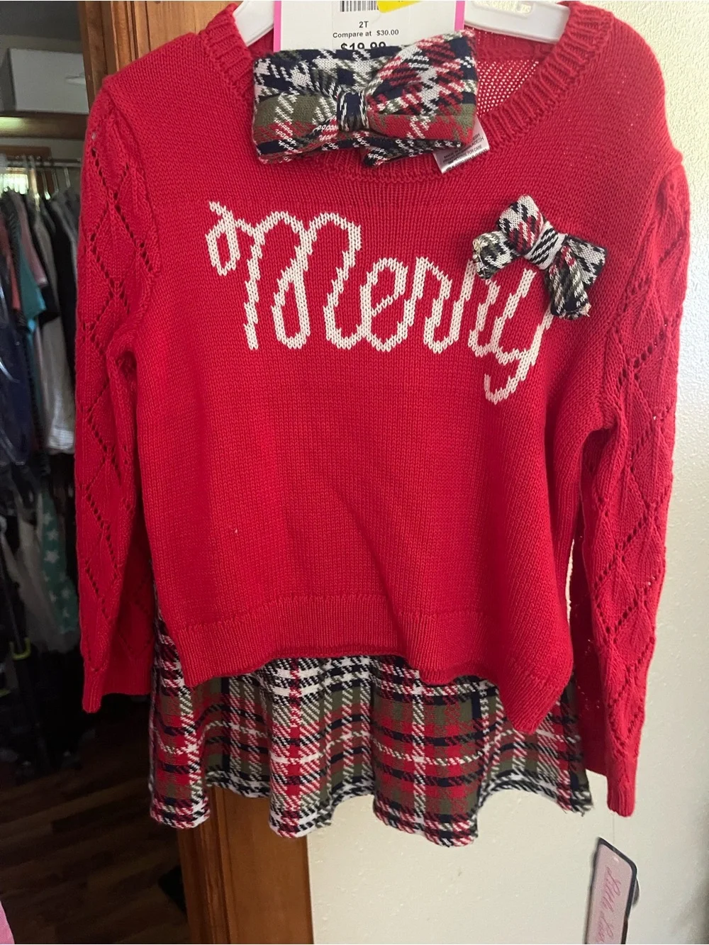 Little Lass Red 'Merry' Knit Sweater Set with Plaid Trim
